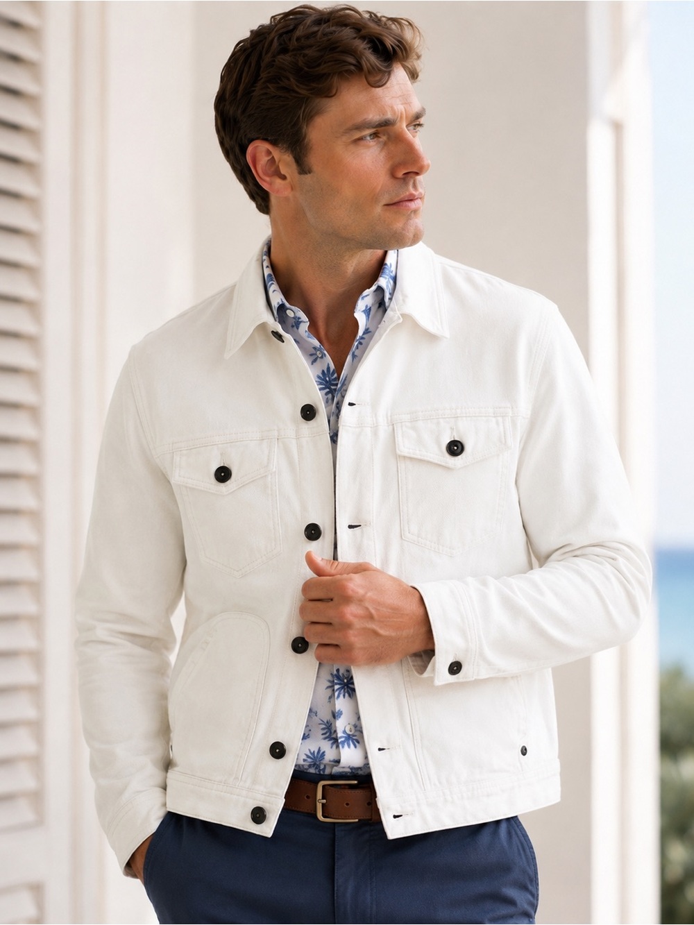 Tommy Bahama Crisp White Denim Button Front Stretch Trucker Utility Jacket